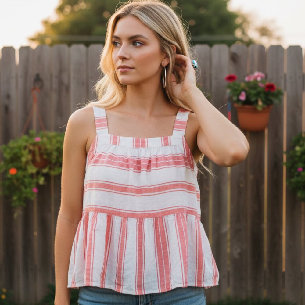 NEW Loft L Pink White Cami Tank Top Babydoll Airy Boho Chic Coastal Resort Fairy